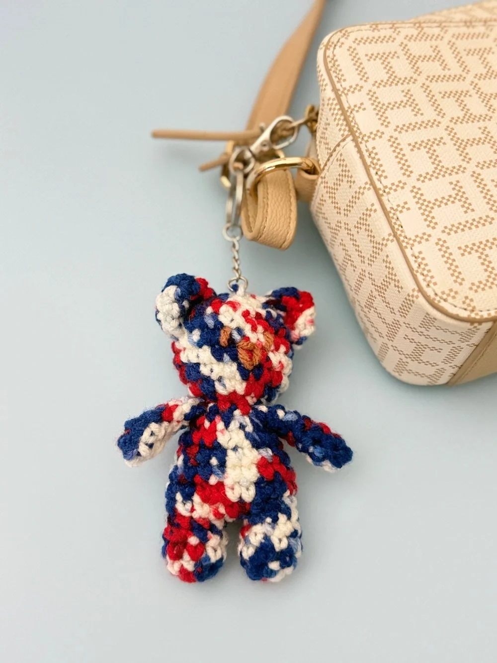 Handmade Crochet Teddy Keychain - Red, Blue & Cream